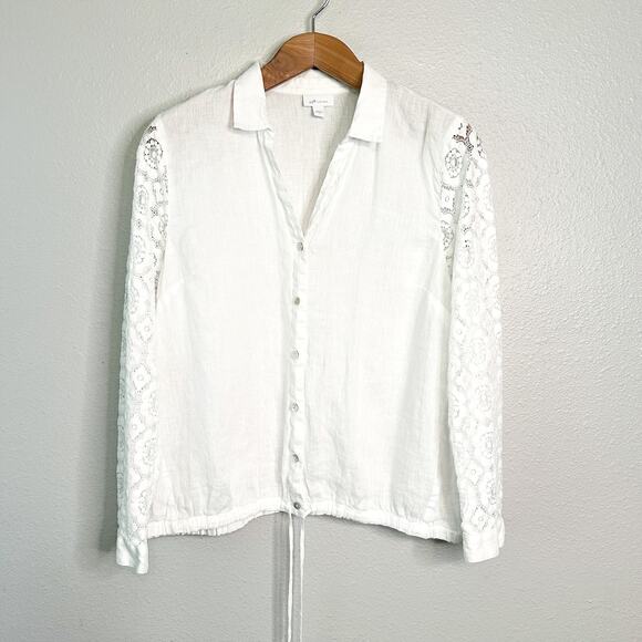 J. Jill Love Linen White Button-Down Shirt Lace Sleeves Women’s Size Large - Picture 1 of 10